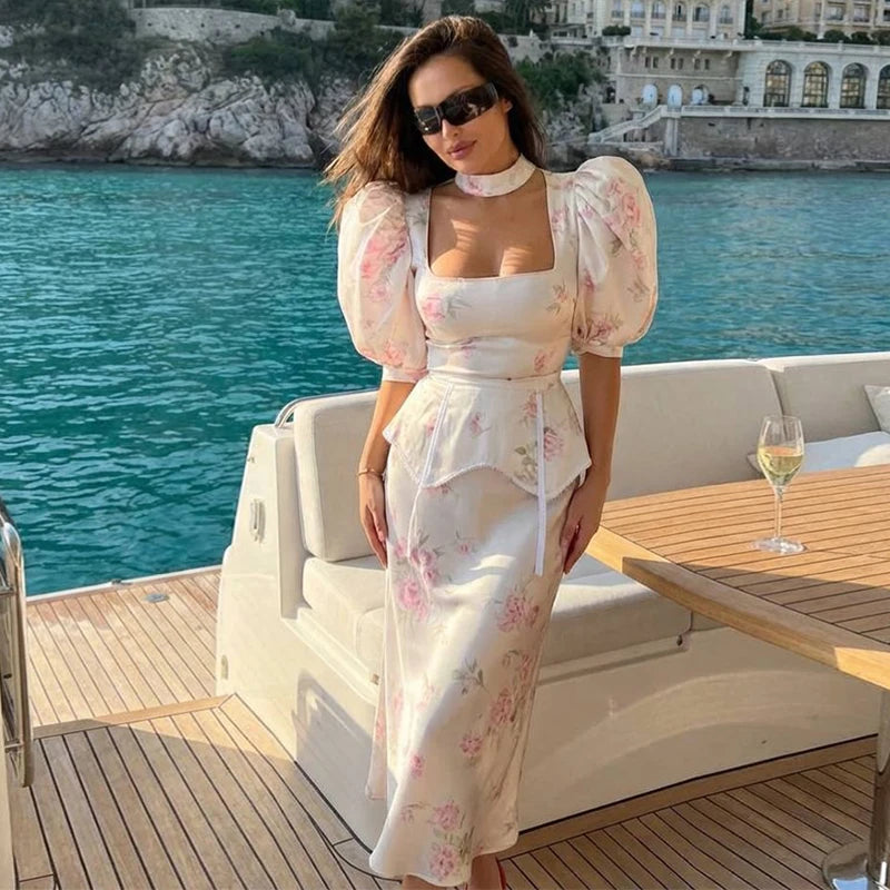 Women Dress Floral Print Satin Choker Neck Puff Sleeve Peplum Waist Maxi Dresses Elegant Vintage Beach Party Bodycon For Ladies