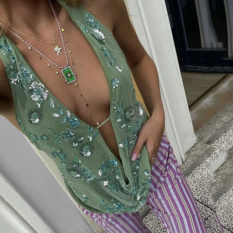 DGLUKE Green Sequin Top Women V-Neck Backless Crop Tops Summer Halter Neck Tank Top Camisole Sexy Glitter Shiny Club Party Tops