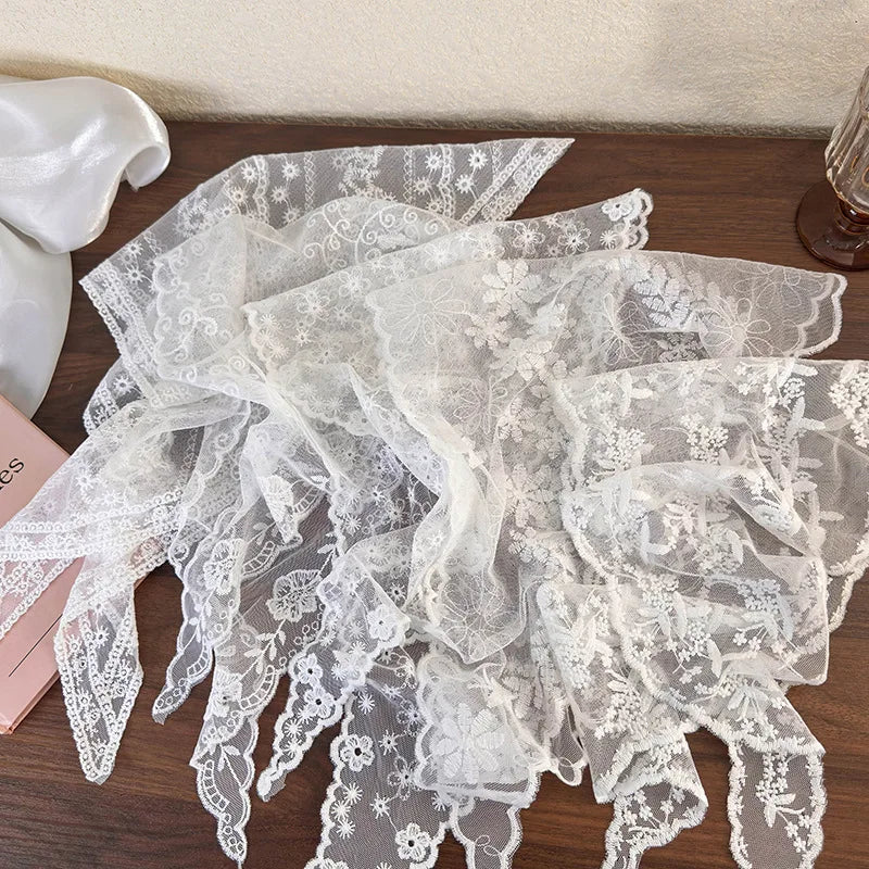 White Woven Floral Lace Hair Scarf Wraps Women Retro Triangle Headscarf Hat Travel Photo Headband Hair Accessories