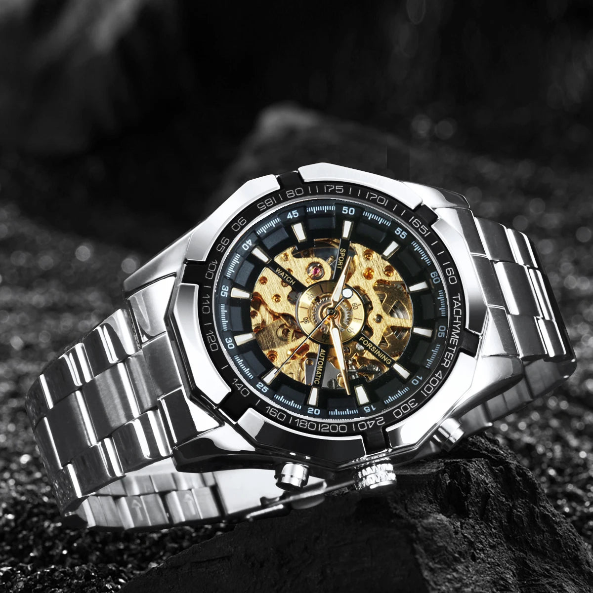WINNER Fashion Skeleton Watch for Men Luminous Hand Classsic Mechanical Watches Stainless Steel Band Luxury Forsining Wristwatch