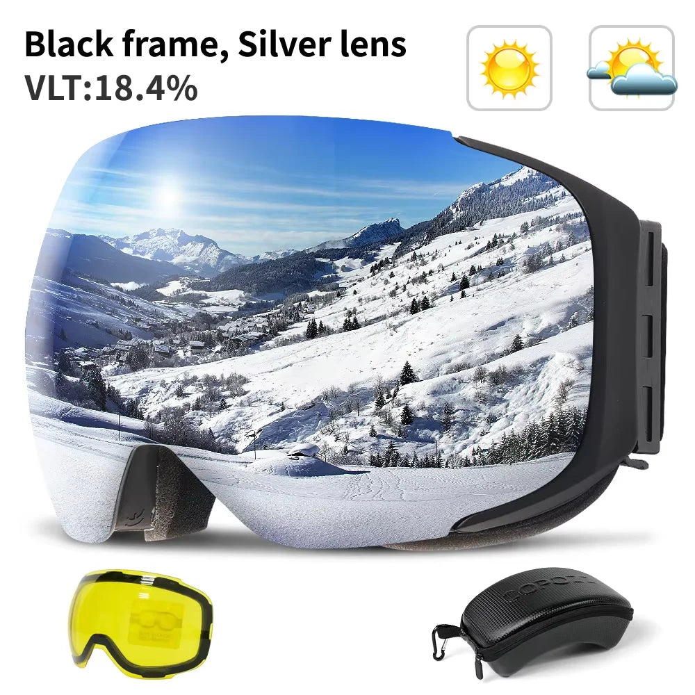 COPOZZ Magnetic Ski Goggles with Quick-Change Lens and Case Set 100% UV400 Protection Anti-fog Snowboard Goggles for Men & Women