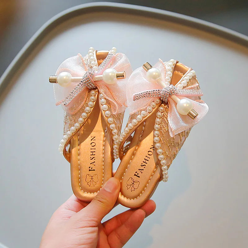 2025 New Girls Princess Sandals Summer Luxury Rhinestone Children Causal Shoes Chic Lace Kids Beach Sandals Open-toe Thick Soled