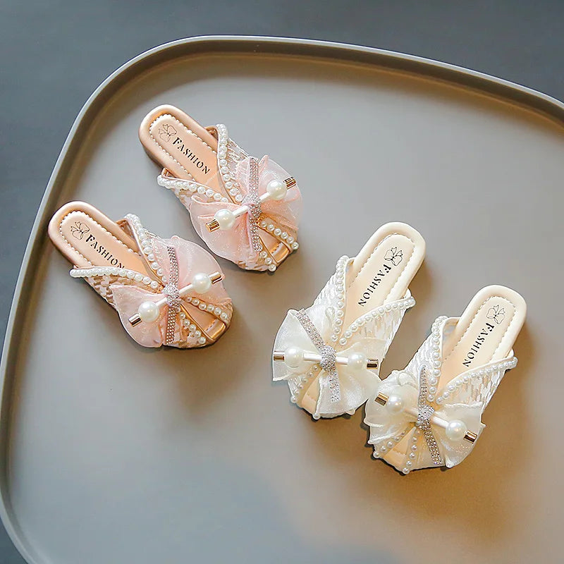 2025 New Girls Princess Sandals Summer Luxury Rhinestone Children Causal Shoes Chic Lace Kids Beach Sandals Open-toe Thick Soled
