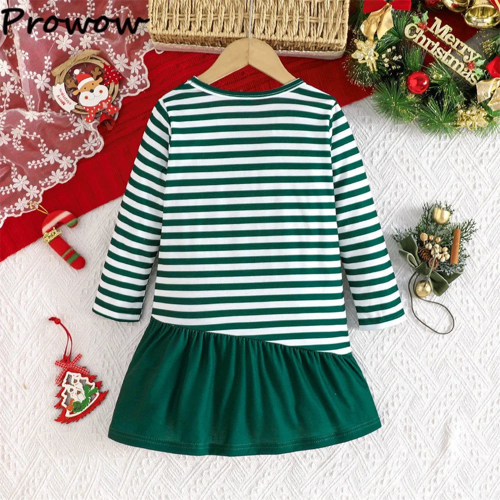 4-7Y Kids Christmas Dresses For Girls Bow Green Xmas Tree Hoodies Dress For New Year Kids Girl Evening Dress Festival Clothing