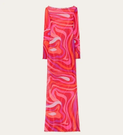 2025 New Fashion Print Beach Long Dress Summer Women Spaghetti Strap Dress Long Sleeve O-Neck Dresses Summer New Lady Robes