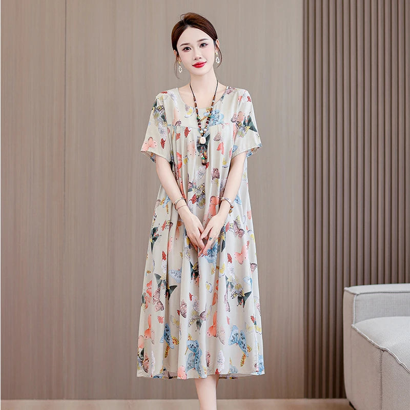 New Casual Fashion 2025 Summer Dress For Women Floral Printing Short Sleeve Elegant Vintage O-Neck Dresses Women Clothing