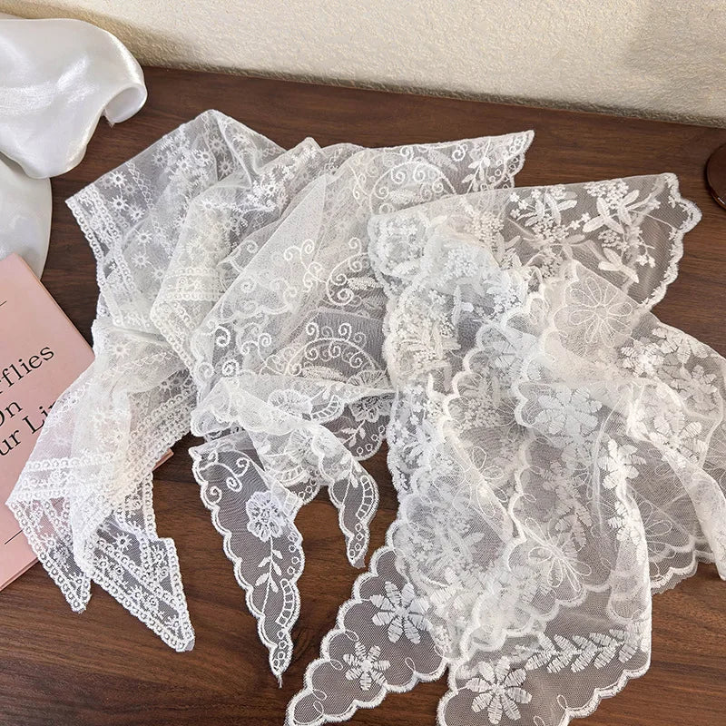 White Woven Floral Lace Hair Scarf Wraps Women Retro Triangle Headscarf Hat Travel Photo Headband Hair Accessories