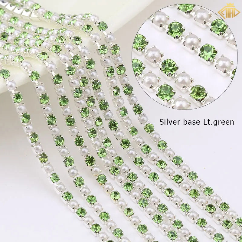 2Yards Pearl Rhinestones Copper Chain Silver/Gold Base Crystal Strass Gems Trim For DIY Sewing Clothes Dresses Accessories