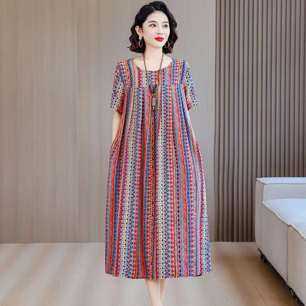 New Casual Fashion 2025 Summer Dress For Women Floral Printing Short Sleeve Elegant Vintage O-Neck Dresses Women Clothing