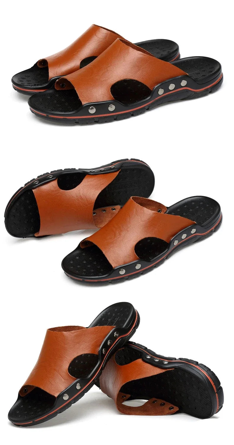 New Summer Slippers Men Sandals Soft Outdoor Slides High Quality Genuine Leather Comfortable Beach Sandals Outdoor Men Shoes