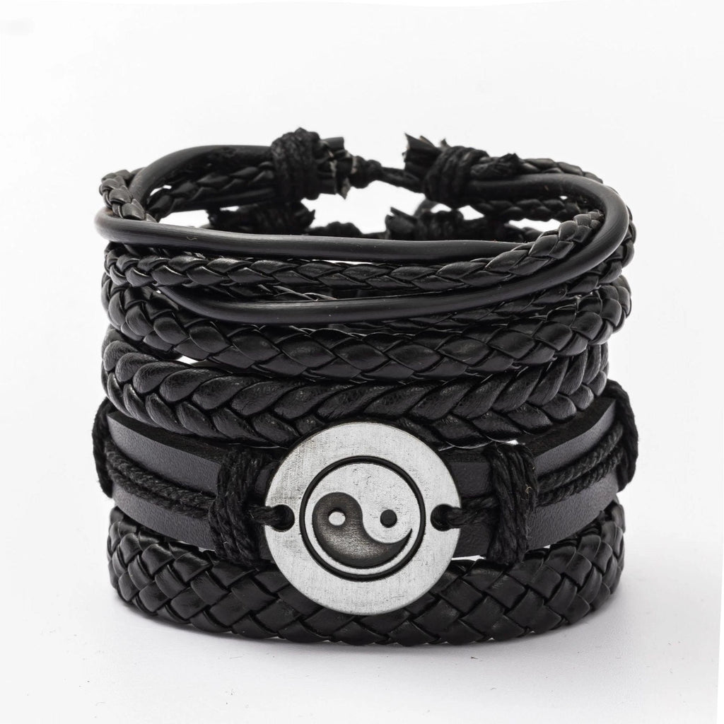 4Pcs/ Set Braided Wrap Leather Bracelets For Men Vintage Life Tree Rudder Charm Wood Beads Ethnic Tribal Wristbands