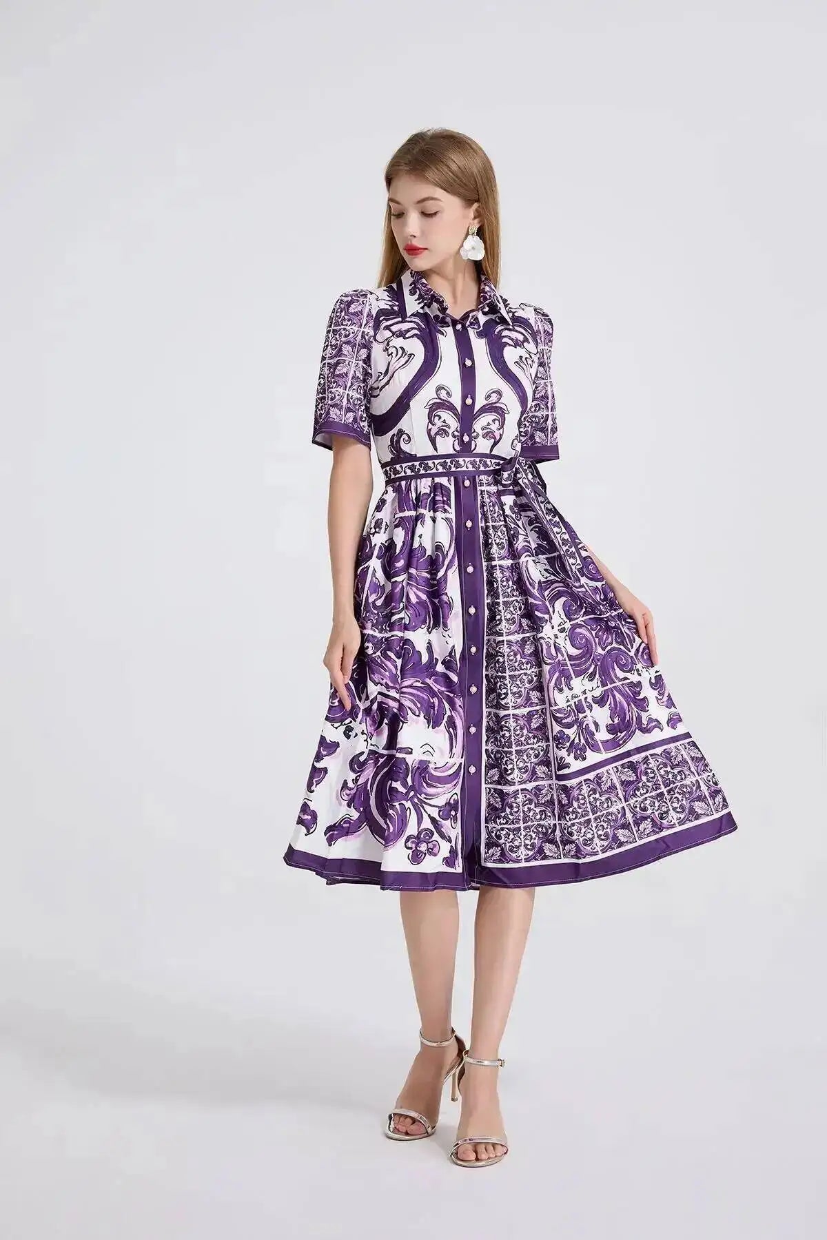 Fashion Summer Floral Long Dress Women Purple Porcelain Print Midi Dresses Shirt Single Breasted Office Lady Work Holiday Runway