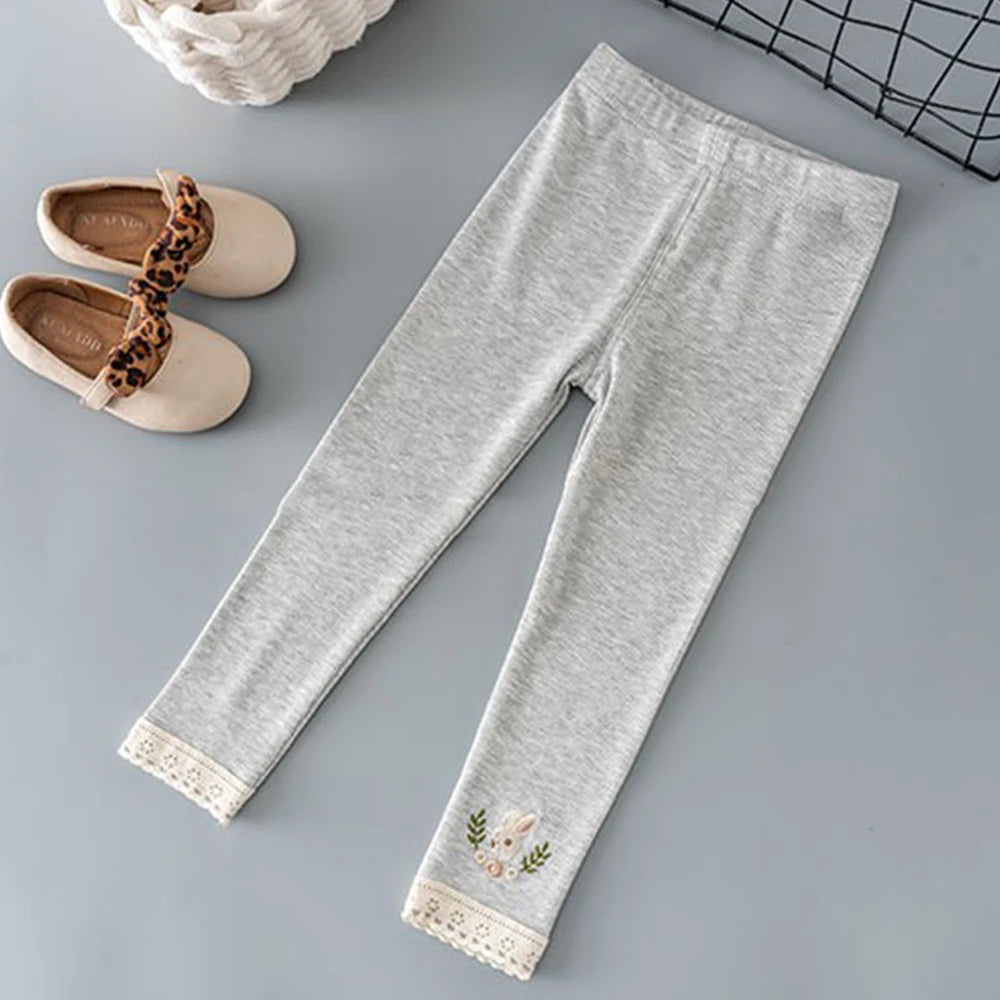 Kids Girls Spring Fall Bottom Legging Solid Elastic Waist Soft Rabbit Embroidery Pattern Pants 2-6Y Children Bottom Trouser