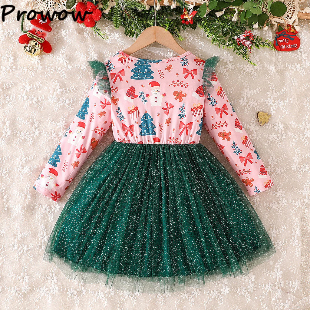 4-7Y Kids Christmas Dresses For Girls Bow Green Xmas Tree Hoodies Dress For New Year Kids Girl Evening Dress Festival Clothing