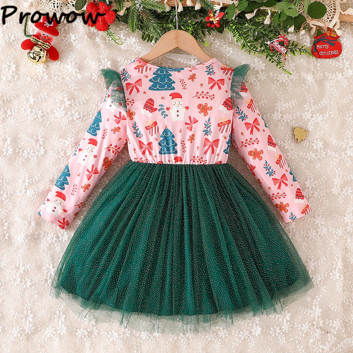 4-7Y Kids Christmas Dresses For Girls Bow Green Xmas Tree Hoodies Dress For New Year Kids Girl Evening Dress Festival Clothing