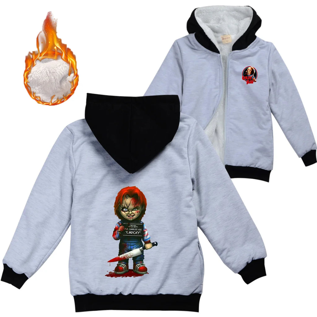 Child's Play Chucky Warm Winter Jacket For Boys Girls with Zipper Children Coat Thicken Hooded Sweater Kids Outerwear