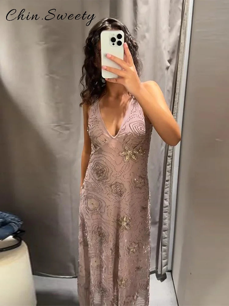 Sexy Beading Sequined Sling Long Dress Women Loose Solid V-neck Sleeveless Ruffled Shiny Dresses 2025 Summer Lady Evening Robes