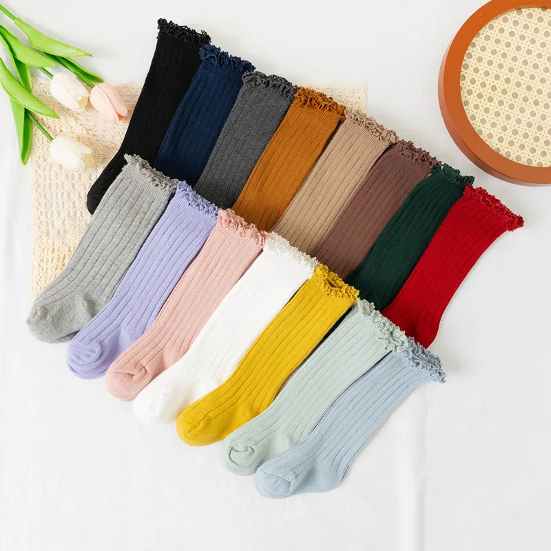 Ruffle Kids Knee High Socks Baby Girls Toddlers Long Soft Cotton Sock Lace Flower Children Princess Uniform Socks For 0-8Years