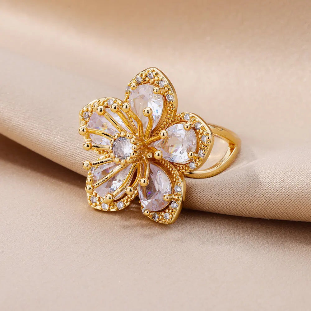 Colorful Zircon Flower Rings For Women Gold Color Stainless Steel Floral Ring Elegant Luxury Wedding Aesthetic Jewelry Gift