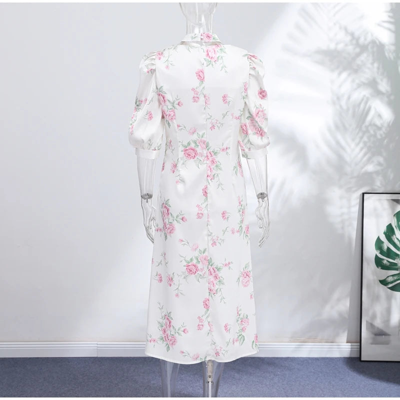 Women Dress Floral Print Satin Choker Neck Puff Sleeve Peplum Waist Maxi Dresses Elegant Vintage Beach Party Bodycon For Ladies