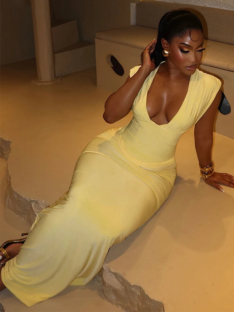 CHNMR Sexy Ruched Bodycon Maxi Dress Women Solid Sleeveless V-Neck Slim Long Dresses Female Party Evening Clubwaer Evening 2026