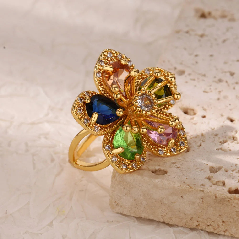 Colorful Zircon Flower Rings For Women Gold Color Stainless Steel Floral Ring Elegant Luxury Wedding Aesthetic Jewelry Gift