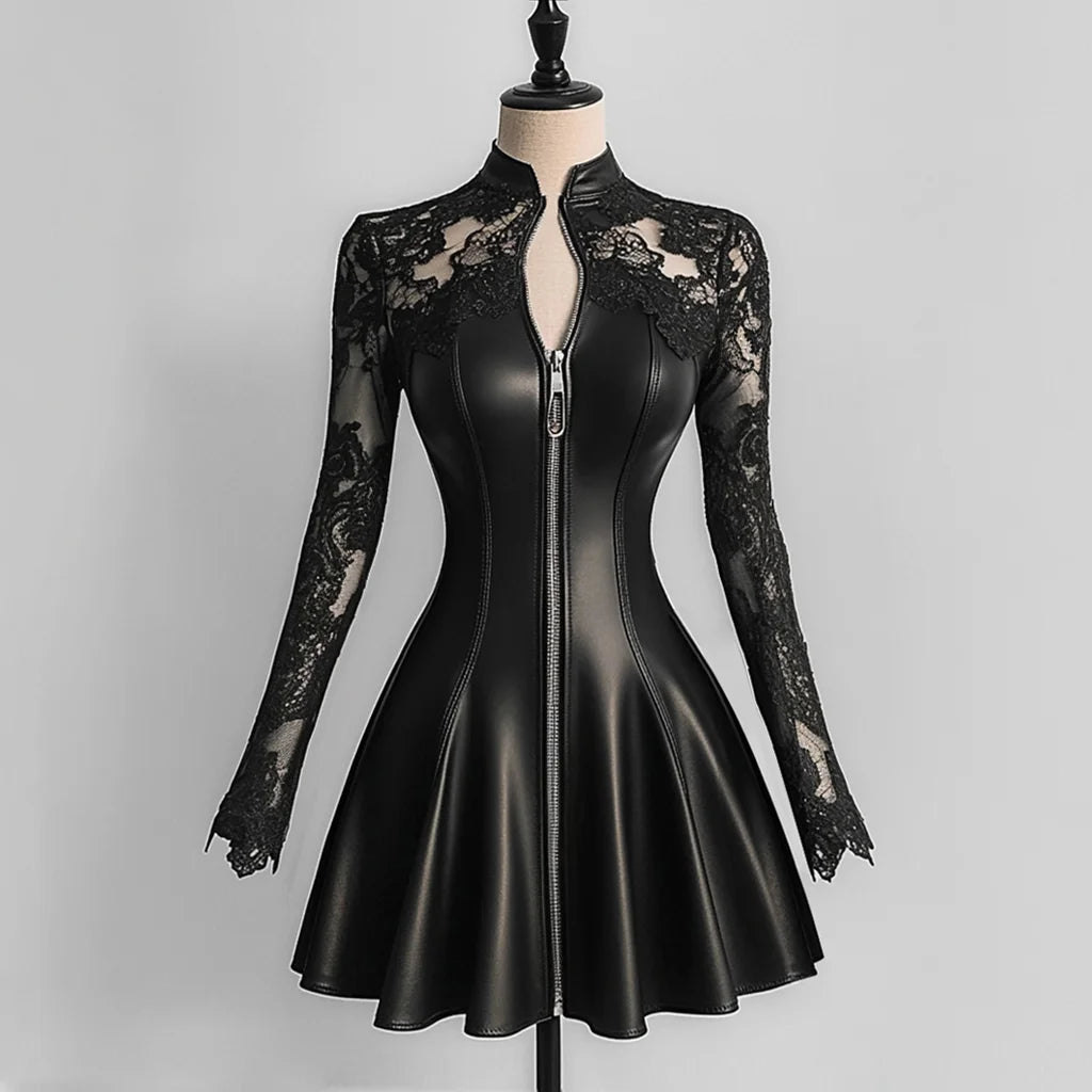 PU Leather Dresses for Women Stand Collar Lace Long Sleeve Zipper Slim Fit Mini Dress Woman Elegant A-Line Dress Streetwear Top
