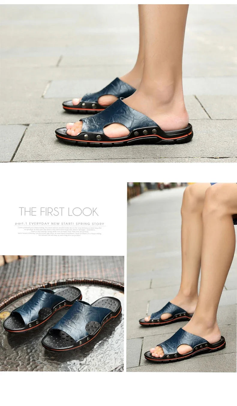 New Summer Slippers Men Sandals Soft Outdoor Slides High Quality Genuine Leather Comfortable Beach Sandals Outdoor Men Shoes