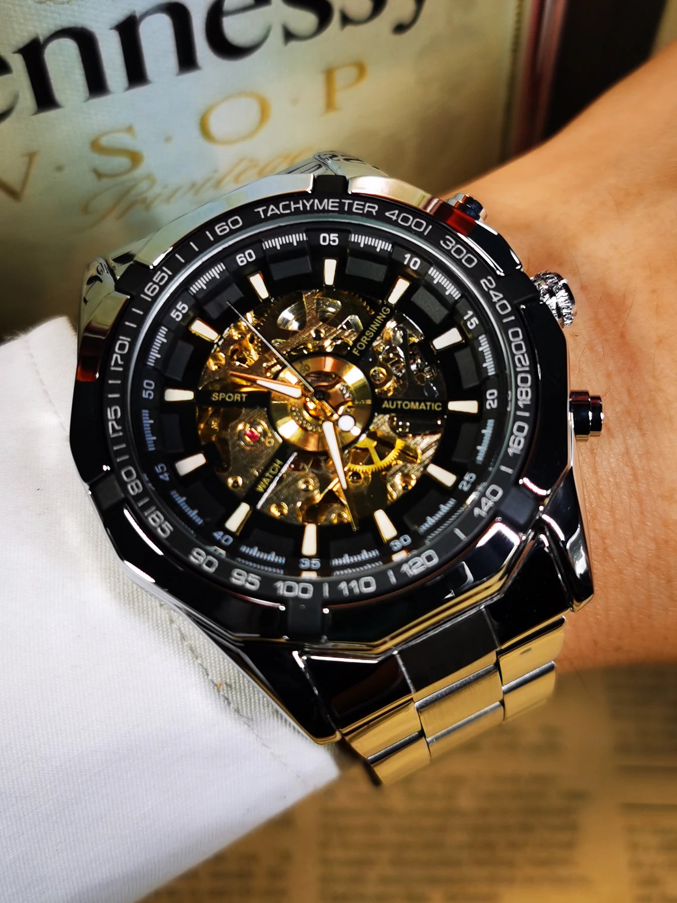 WINNER Fashion Skeleton Watch for Men Luminous Hand Classsic Mechanical Watches Stainless Steel Band Luxury Forsining Wristwatch