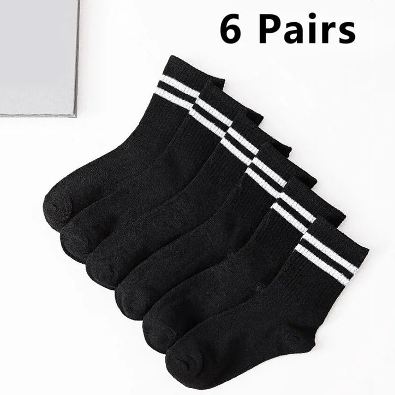 6Pairs/lot Middle Tube Mid Length Stockings Set For Men in Solid Black And White Breathable Socks