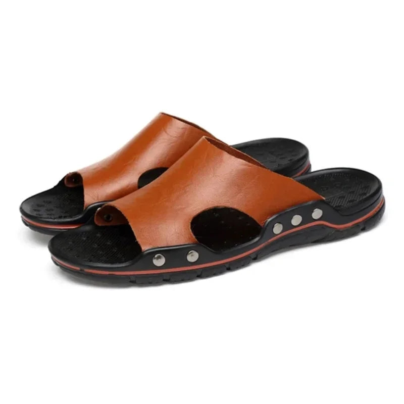 New Summer Slippers Men Sandals Soft Outdoor Slides High Quality Genuine Leather Comfortable Beach Sandals Outdoor Men Shoes