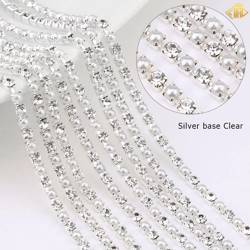 2Yards Pearl Rhinestones Copper Chain Silver/Gold Base Crystal Strass Gems Trim For DIY Sewing Clothes Dresses Accessories