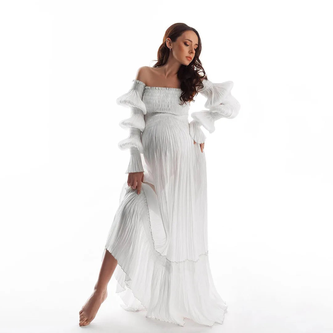 Trendy Off Shoulders Pleats Mesh Maternity Dresses For Photography Wrinkled Fabric Draped Long Pregnancy Gown Lantern Sleeve