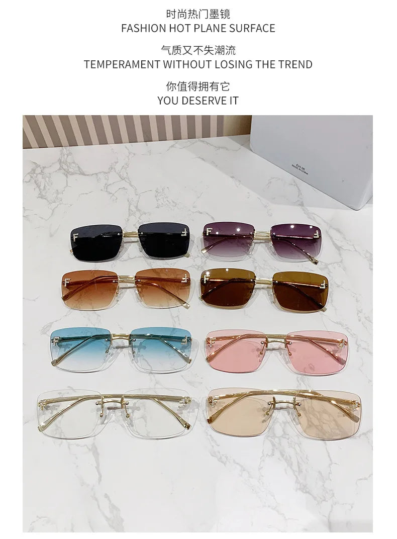 Ruiao rimless sunglasses UV400 fashion square metal glasses for women luxury brand designer diamond y2k small face sun glasses