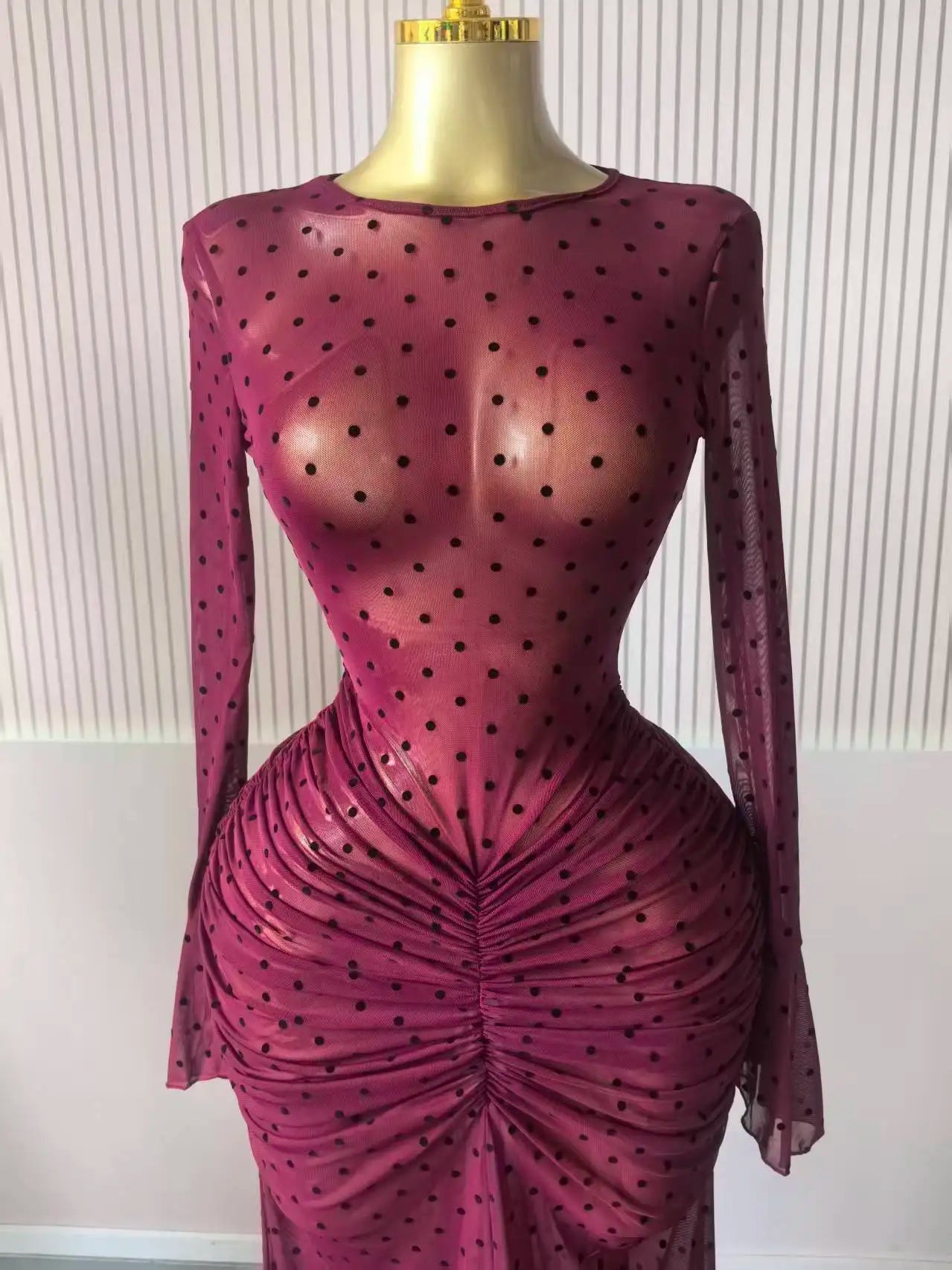 CM.YAYA Women Flare Long Sleeve Stacked Dot Mesh See Though with Lining Maxi Long Dress 2025 Evening Birthday Sexy Party Dresses