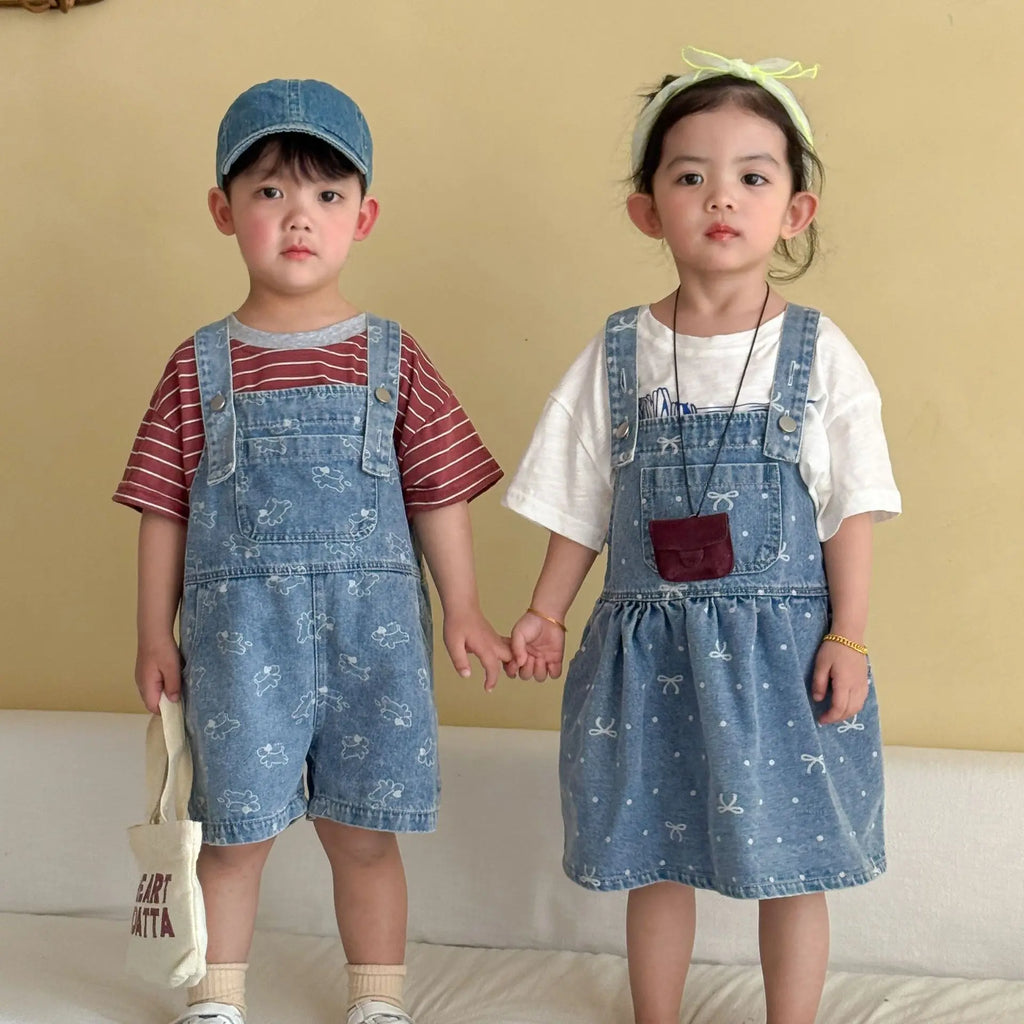 2026 Summer New Children Denim Overalls Boys Strap Jeans Girls Jeans Sling Dress Cute Kids Brother Sister Outfits Baby Clothes