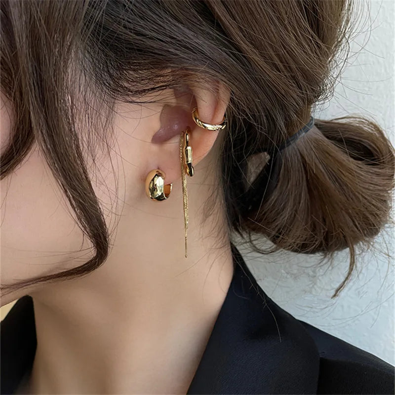 4PCS/SET New Design Gold Silver Color Metal Geometric Irregular Tassel Chain Clip Earrings for Women Non Pierced Ear Cuff 2023