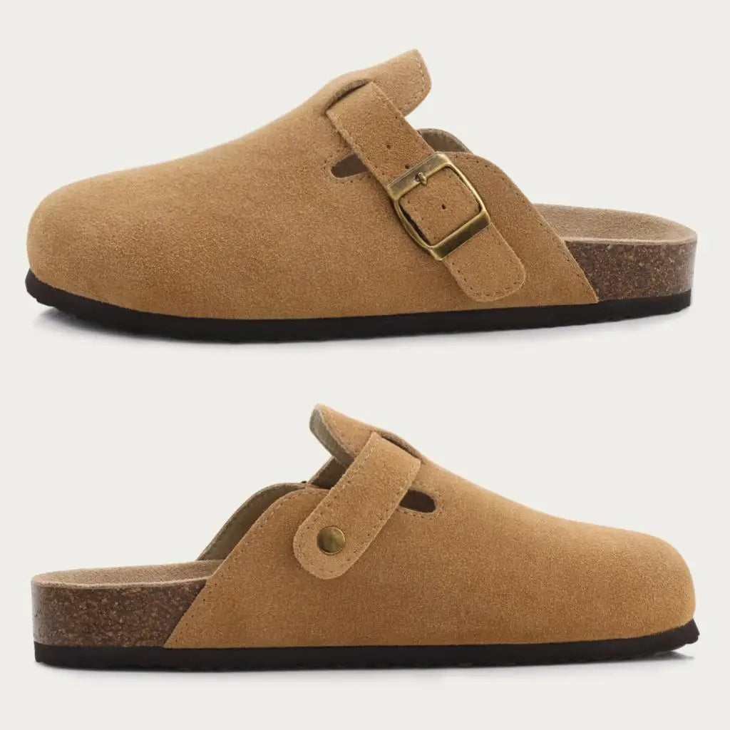 Comwarm Buckle Clogs For Women Men New Genuine Suede Clogs with Arch Support Soft Cork Footbed Mules Fashion Thick Beach Sandals
