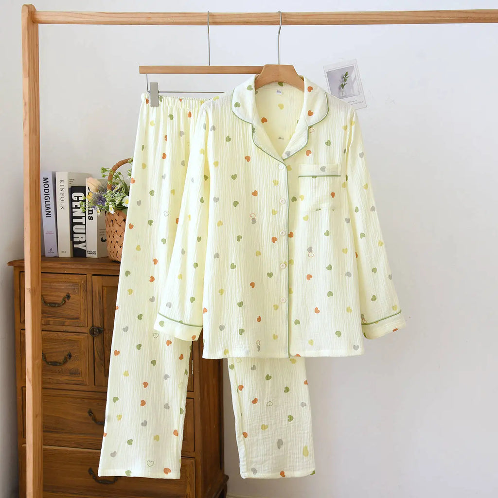 New large size pajamas women cotton crepe home service cotton long sleeve trousers suit simple and comfortable summer and autumn