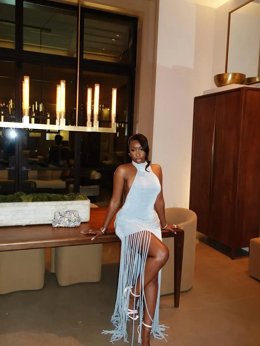 Women Elegant Tassel Halter Long Dress Off-shoulder Backless Waist Cinching Slim Dresses 2026 New Spring Evening Party Vestidos
