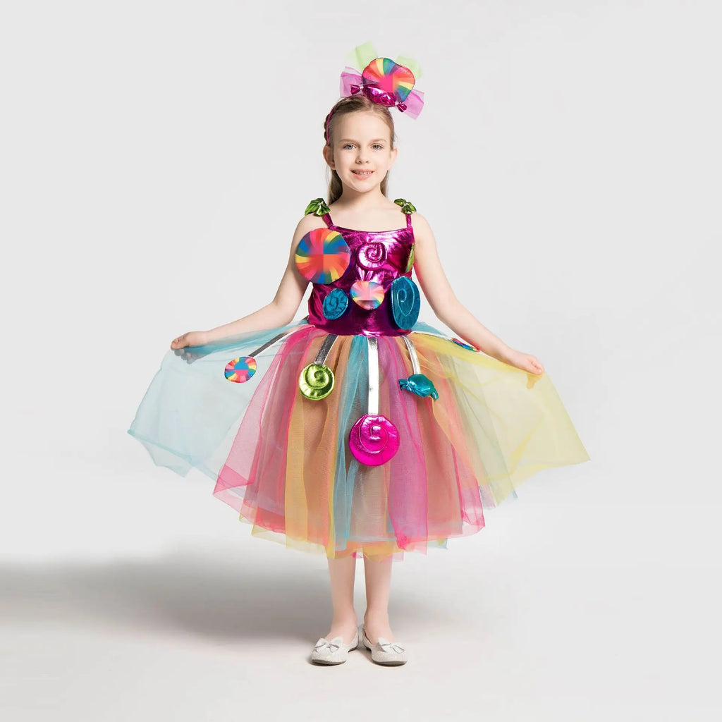 Girls Rainbow Lollipop Costume Princess Dress Purim Festival Candy Vestido Fancy Carnival Birthday Children Fantasy Wings Outfit