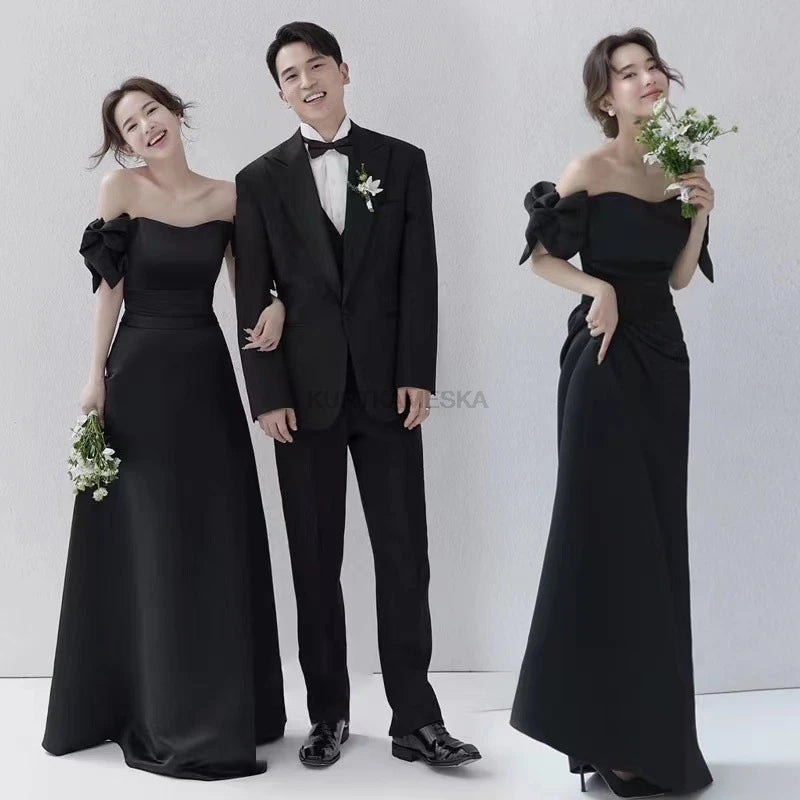 Wedding Dresses Sweet Bow Off The Shoulder For Women 2024 Satin Black Evening Dress Elegant Floor-length Simple Wedding Shooting