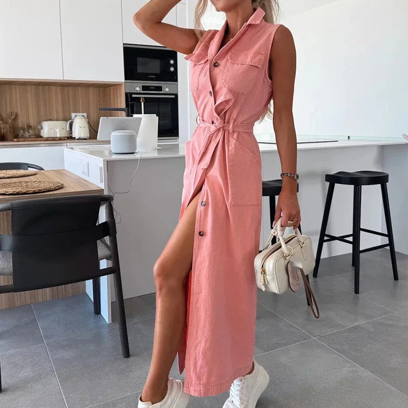 Elegant Laple Collar Lace-up Solid Denim Dress Casual Sleeveless Pocket Slim Long Dress Women Fashion Button Waist Party Dresses