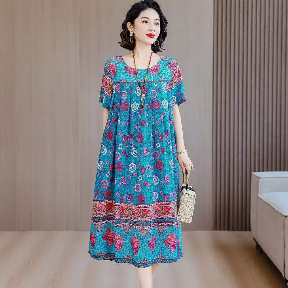 New Casual Fashion 2025 Summer Dress For Women Floral Printing Short Sleeve Elegant Vintage O-Neck Dresses Women Clothing