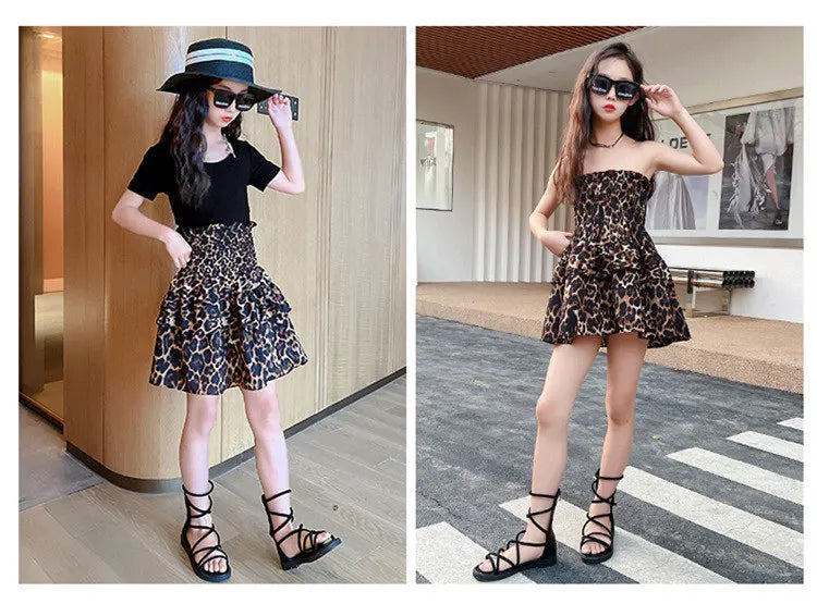Summer Young Girls Clothes Two Ways To Wear Leopard Print Skirt One-Piece Tube Dress Fashion Children Streetwear Strapless Dress