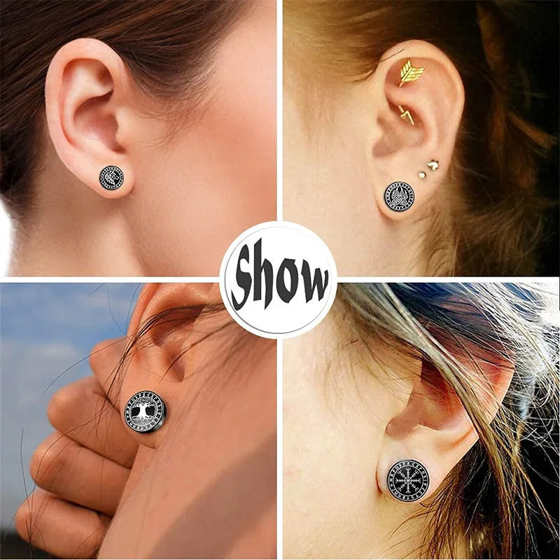 1Pair 18G Viking Rune Round Stud Earrings for Men Women, 316L Stainless Steel Cartilage Tragus Helix Earring Piercing Jewelry