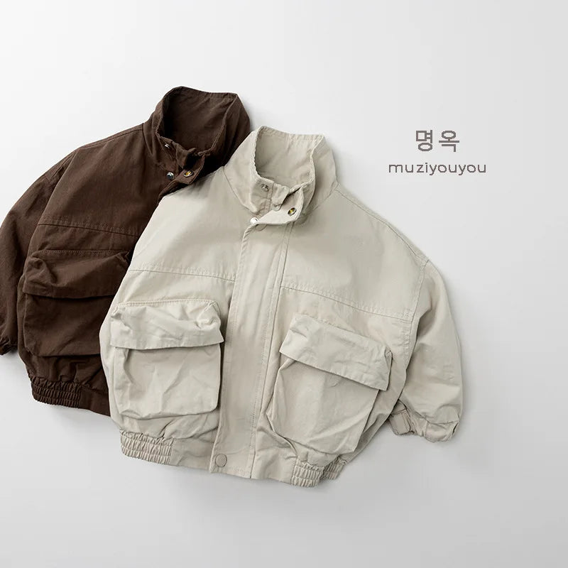 2026 Autumn New Children Casual Coat Girls Zipper Jacket Solid Baby Loose Outerwear Cotton Boys Work Coat Kids Clothes