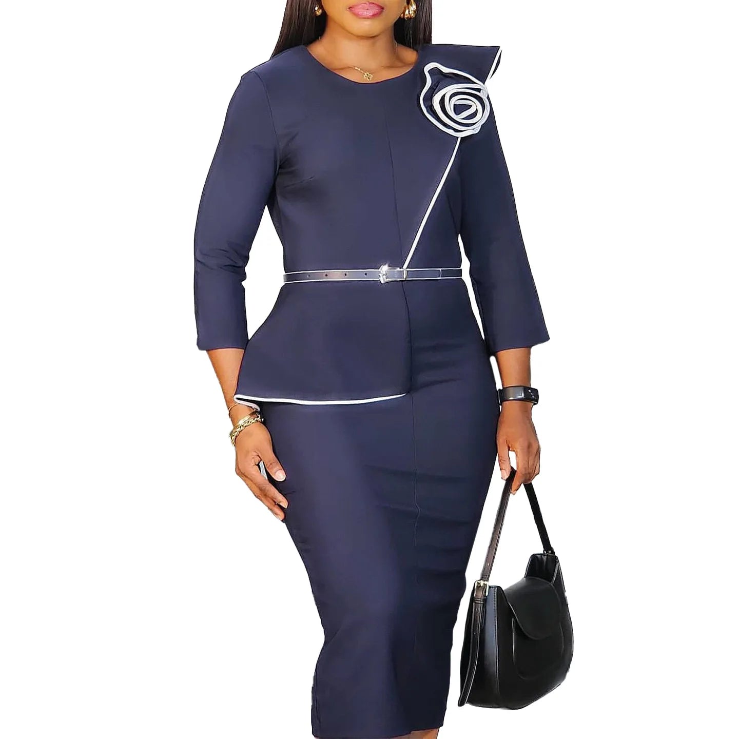 Elegant Church Dresses for Women 3D Flowers Classy Modest Office Ladies Female Autumn Winter Formal Event Date Bodycon Slim Gown