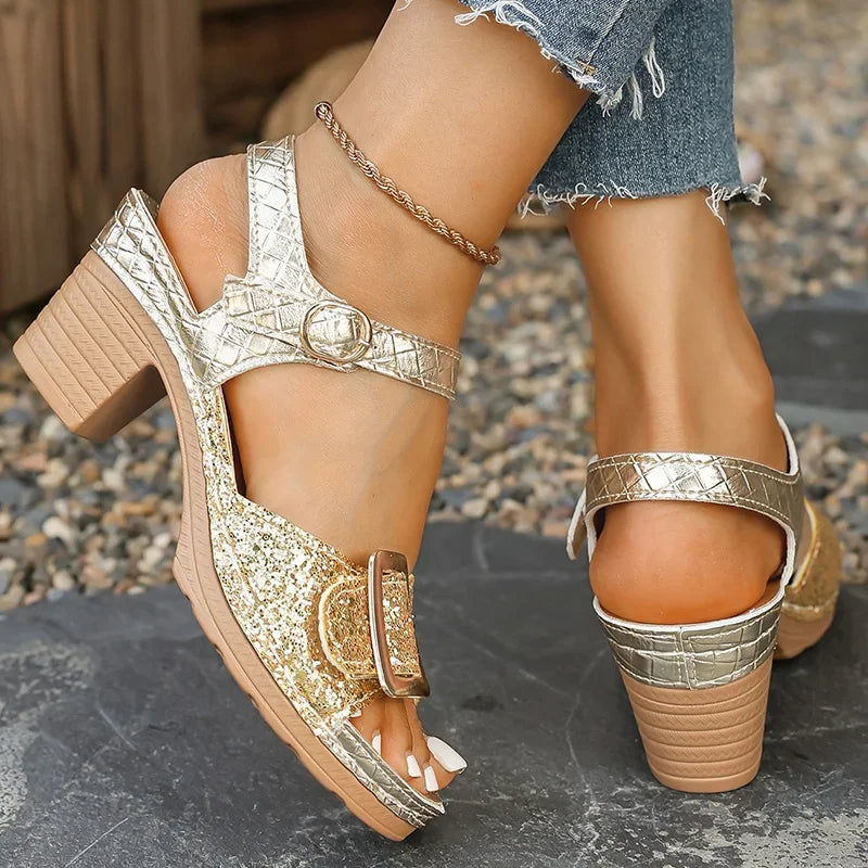 Women's Shiny Sequin Gold High Heels Sandals 2025 Summer Ankle Buckle Beach Sandals Woman Plus Size 43 Light Gladiator Shoes