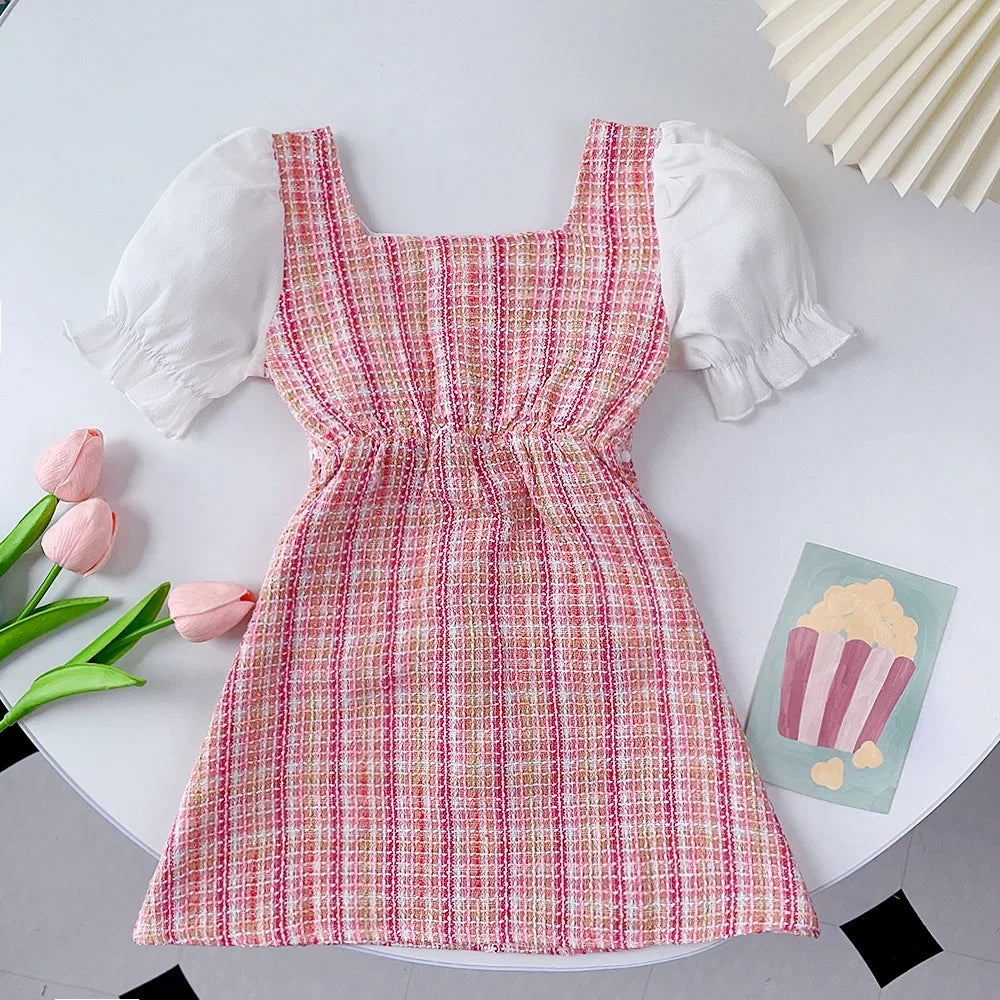 2-7 Years Children Summer Fashion Pearl Button Decoration Puff Sleeve Square Collar Princess Dress1 Pc Girls Party Sweet Clothes